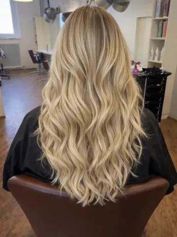 Lange blonde Haare mit weichen Wellen, von hinten fotografiert